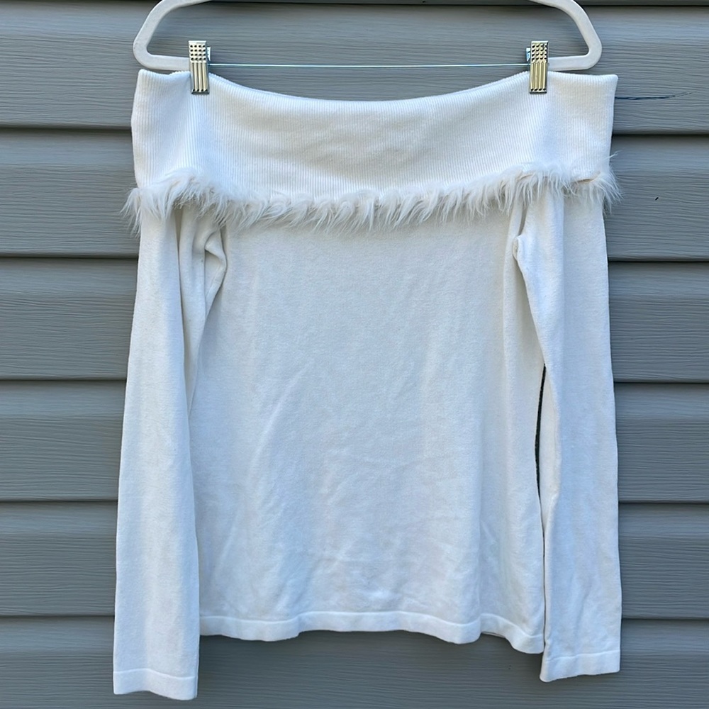White Fur Trim Off the Shoulder Sweater